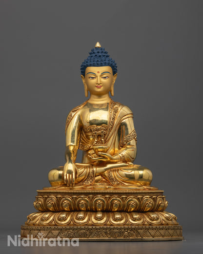 Hand-carved Shakyamuni Buddha Statue seated on double lotus base with monk’s bowl