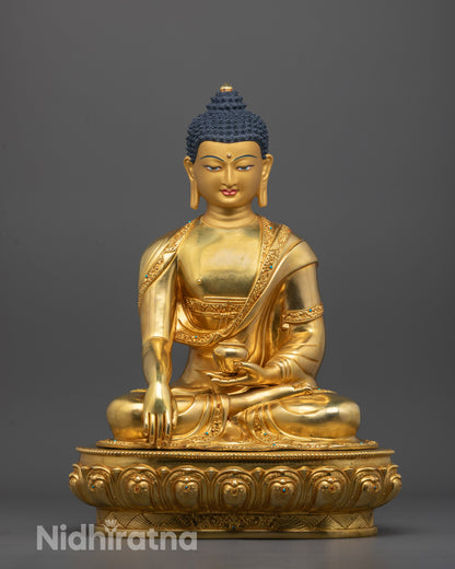 Hand-carved Shakyamuni Buddha Statue with 24k gold gilding sitting on lotus bas