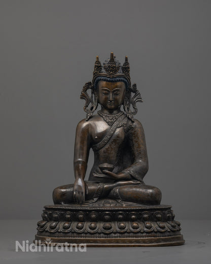 Full image of Hand-carved Shakyamuni Buddha statue seated in meditation on lotus base