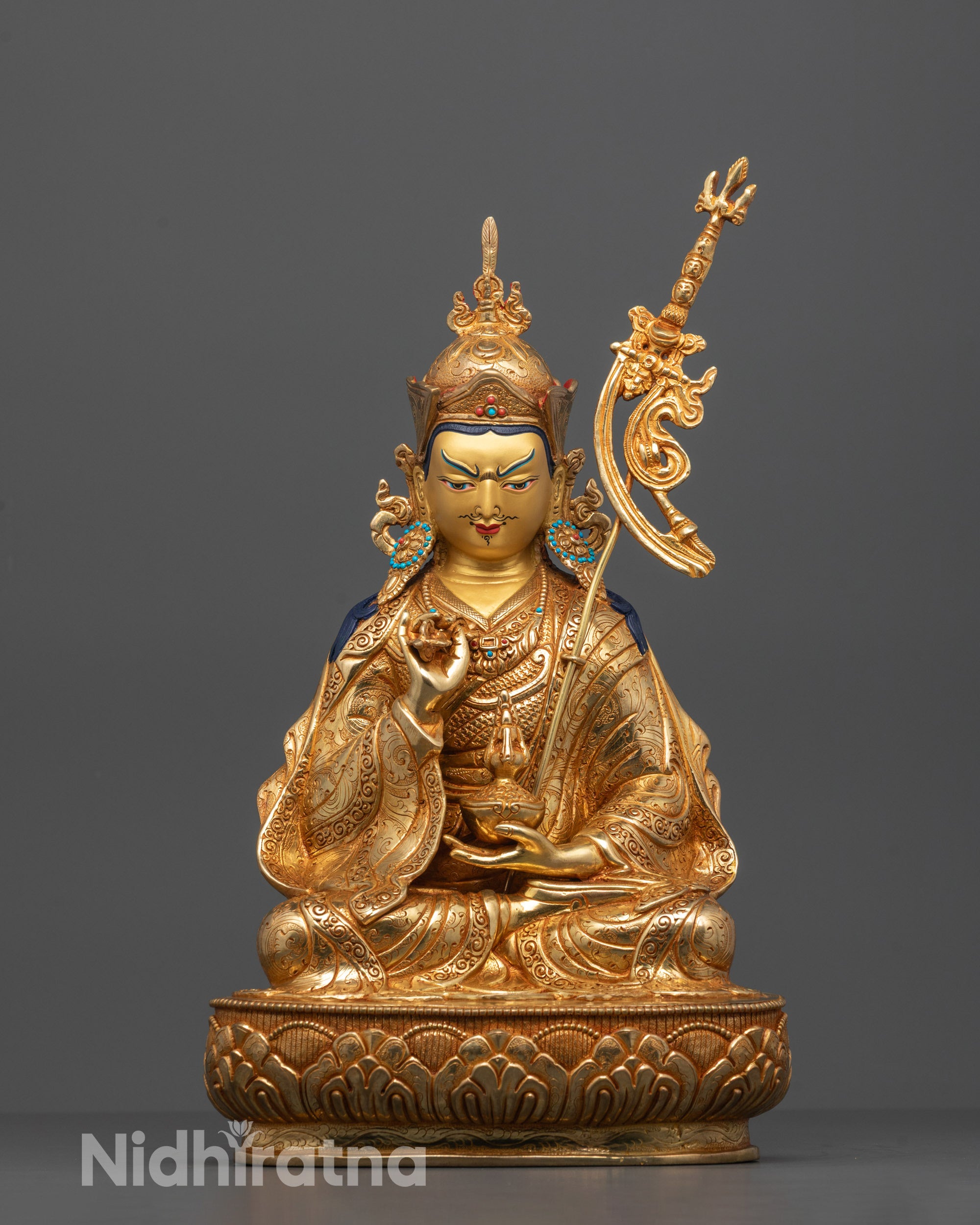 Hand-carved Tsokye Dorje Statue seated on lotus base holding vajra and skull cup