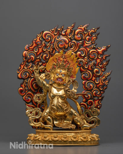 Hand-carved Vajrapani Statue standing on a lotus base, gilded in 24k fire gold
