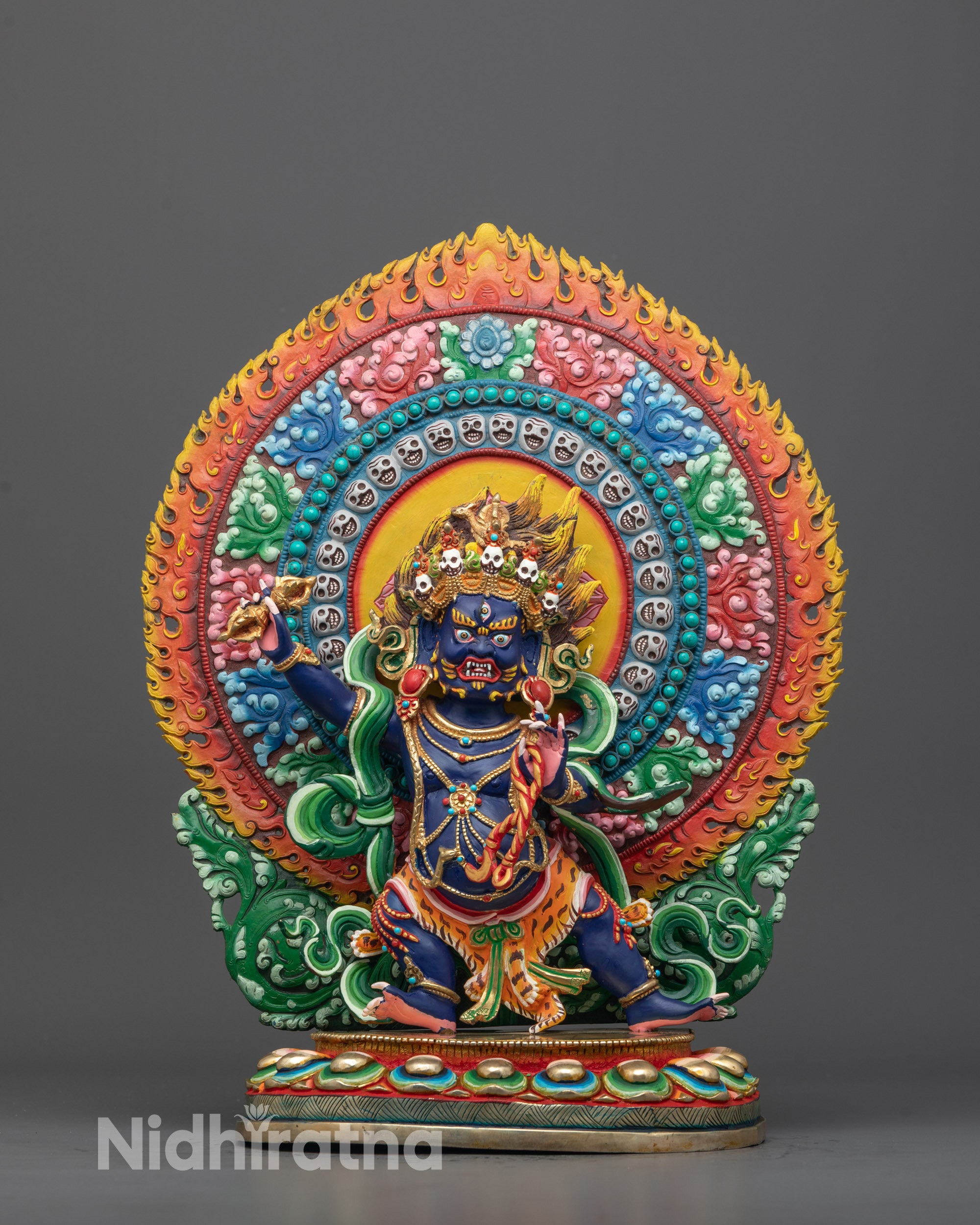 Hand-carved Vajrapani Statue with Dark Blue Body and Vajra from Nepal