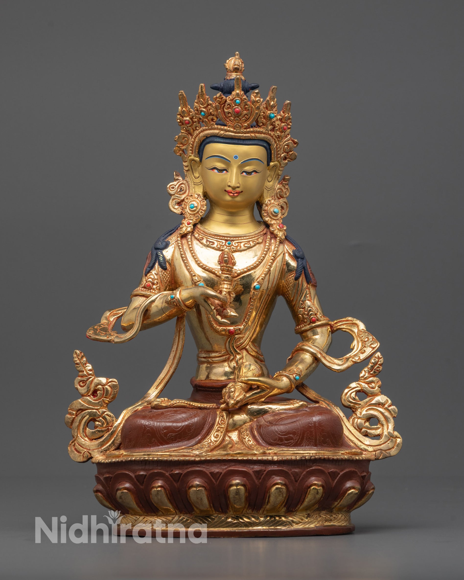 Hand-carved Vajrasattva Statue seated on lotus base with vajra and bell