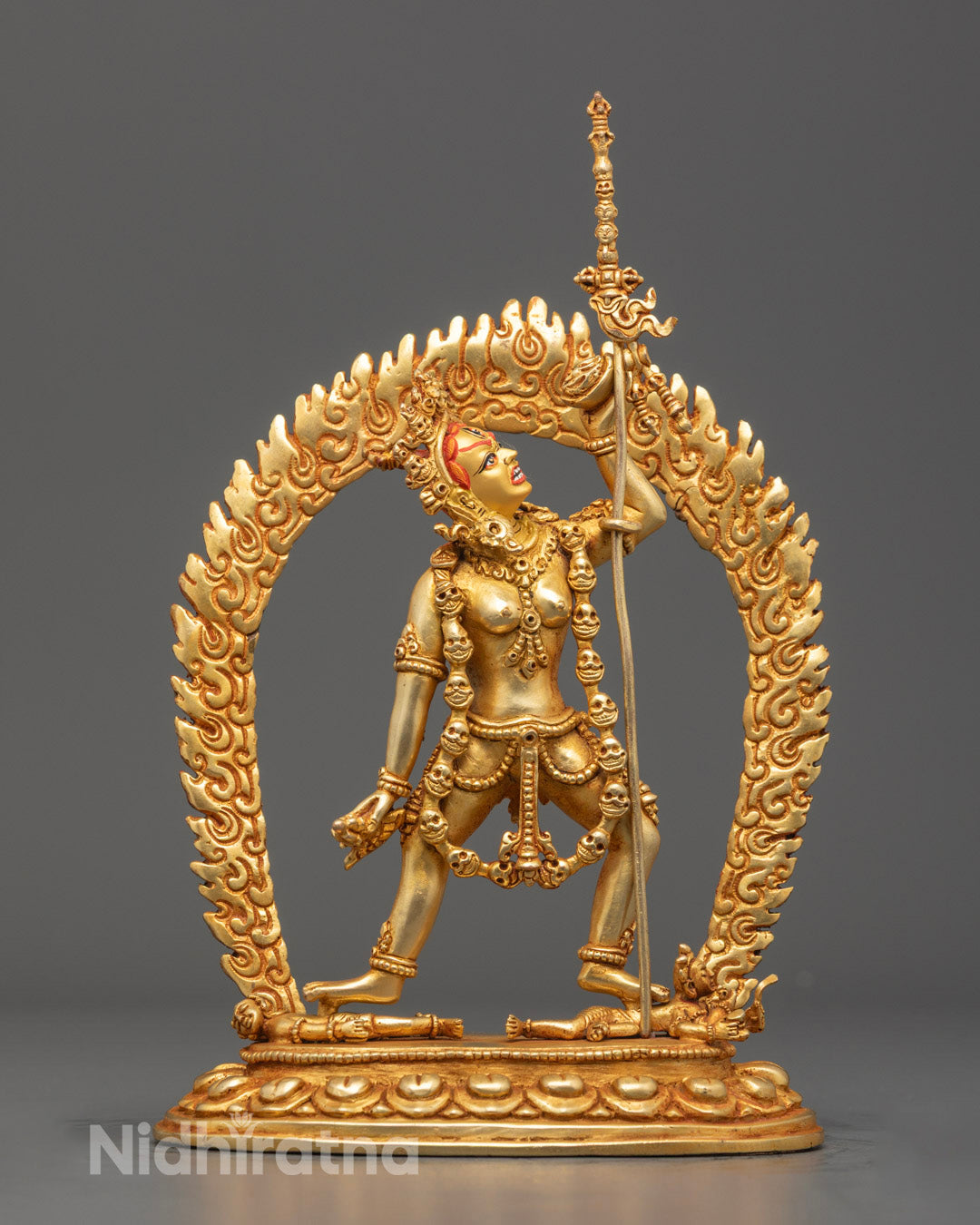 Hand-carved Vajrayogini statue from Nepal with 24k gold fire gilding and vibrant acrylic colors.
