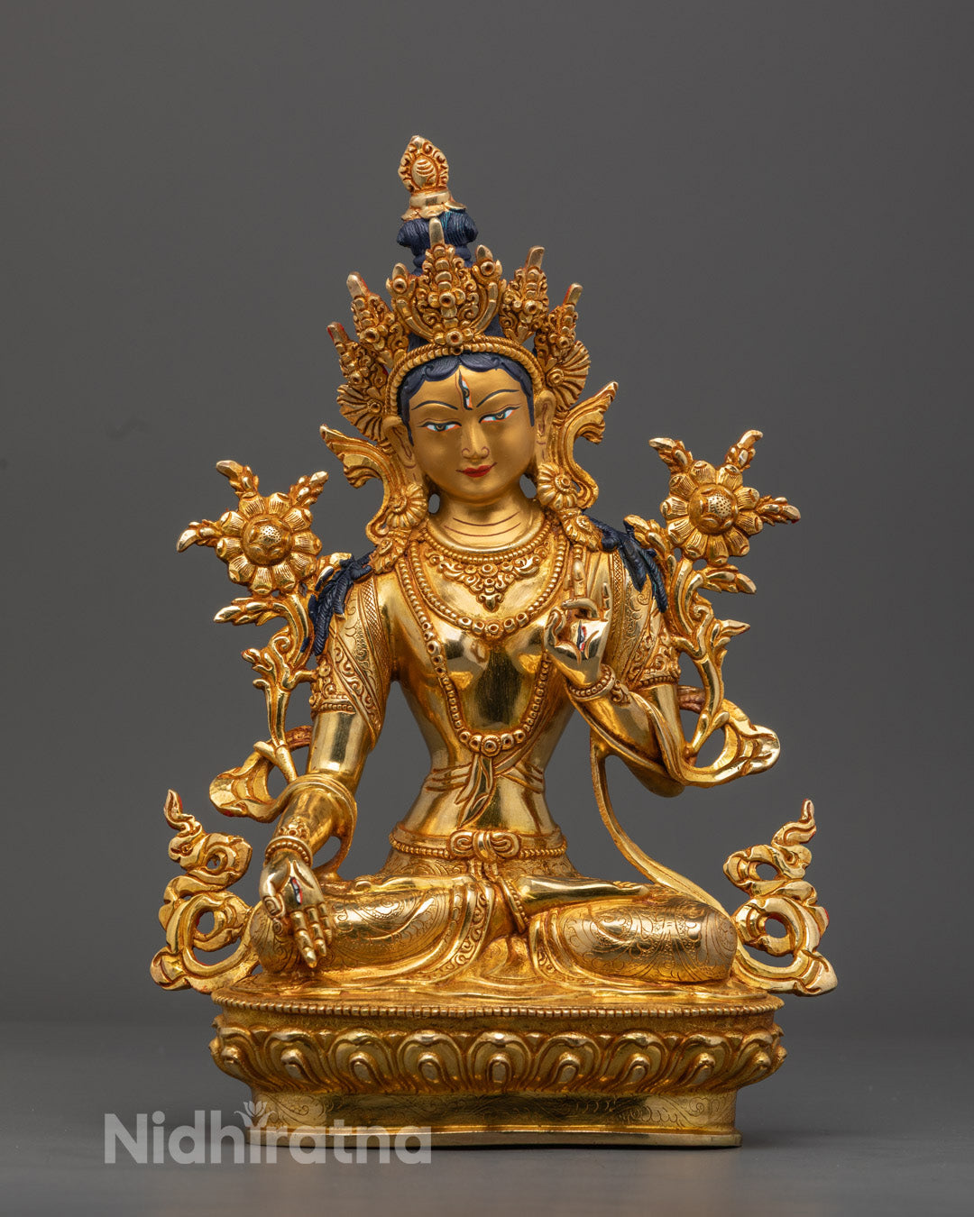 Hand-carved White Tara Statue fire-gilded in 24k gold with intricate details from Nepal