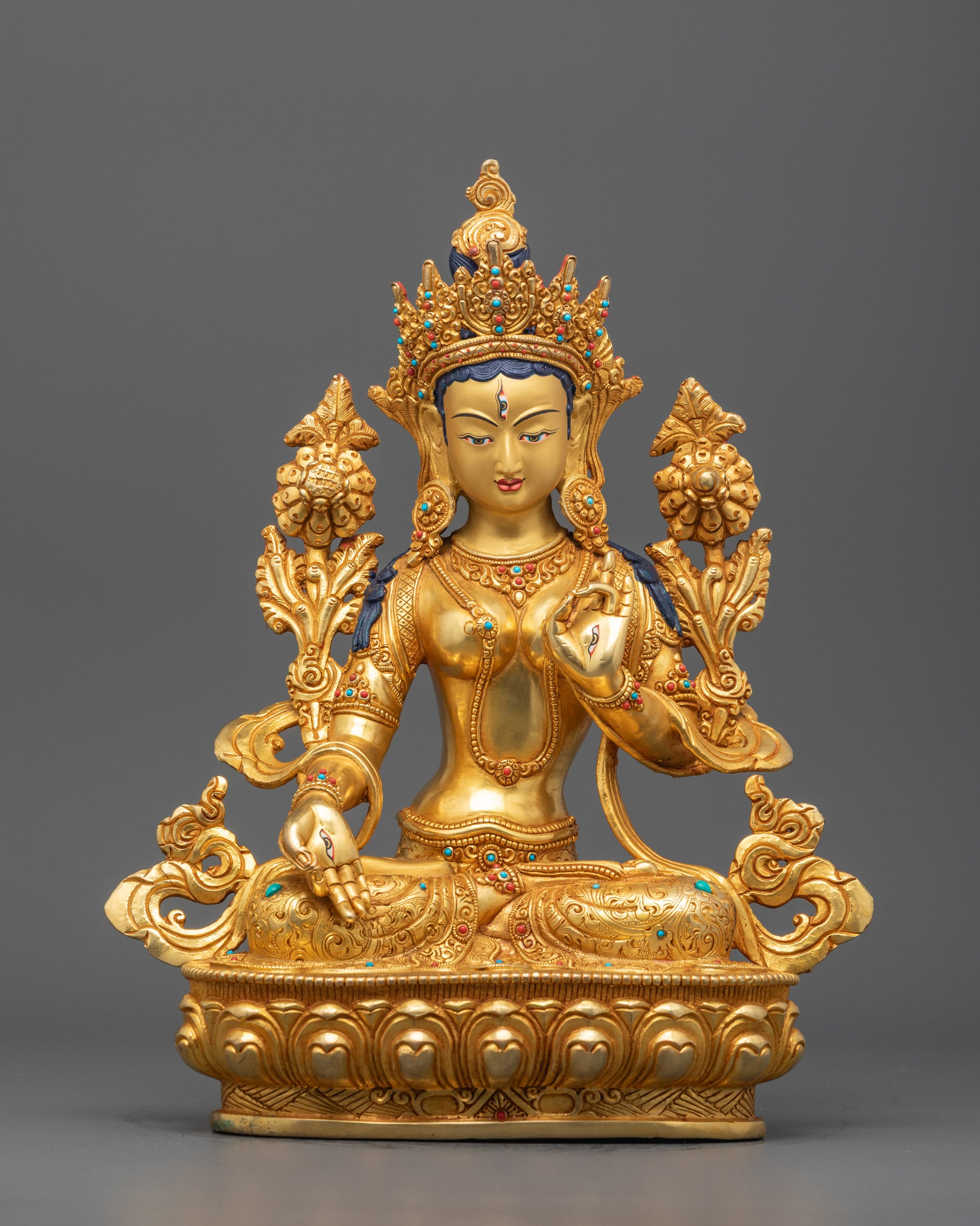 Hand-carved White Tara Statue with 24k fire gold gilding sitting on lotus seat