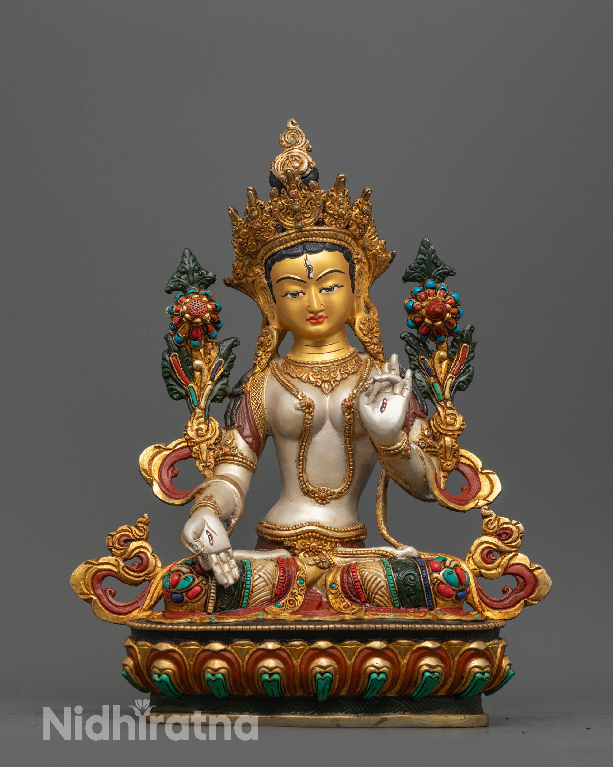 Hand-carved White Tara Statue with 24k gold-gilded face and white acrylic body