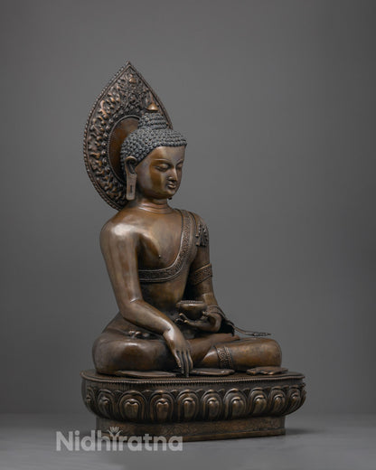 Hand-carved oxidized copper Shakyamuni Buddha statue seated on a lotus base with halo