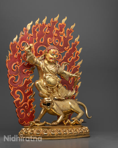 Hand-painted Dorje Drolo statue with vibrant acrylic colors, representing Padmasambhava’s fierce manifestation for spiritual protection.