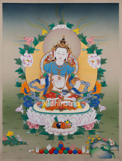Hand-painted Vajrasattva Thangka Print with Vajra and Bell on Lotus Base