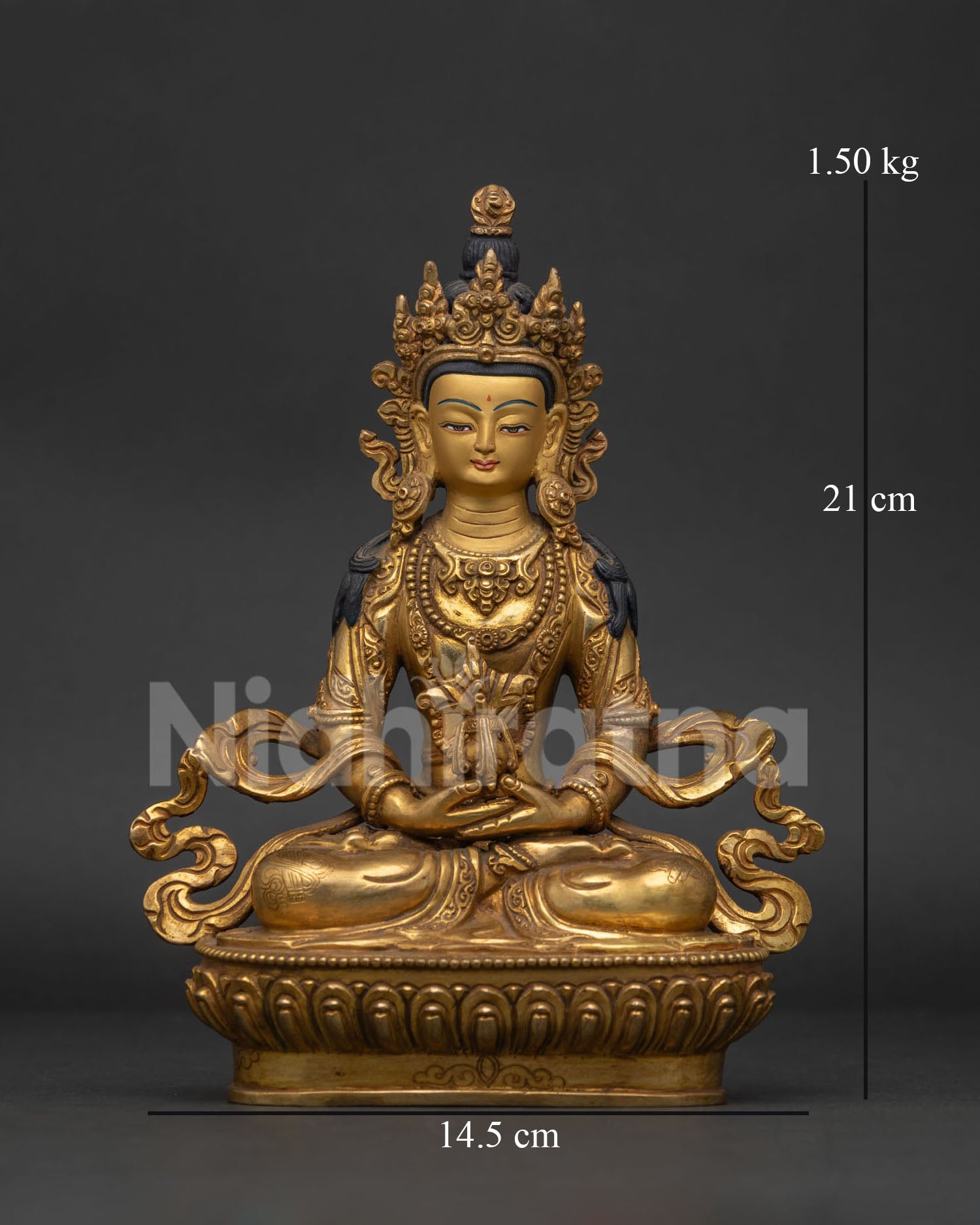 Handcrafted Amitayus statue in Nepalese copper with gold fire gilding.