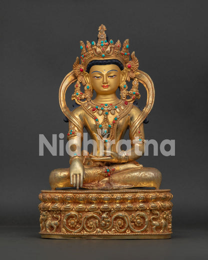 Handcrafted Crown Shakyamuni Buddha Statue Gold Fire Gilded Copper Front View.