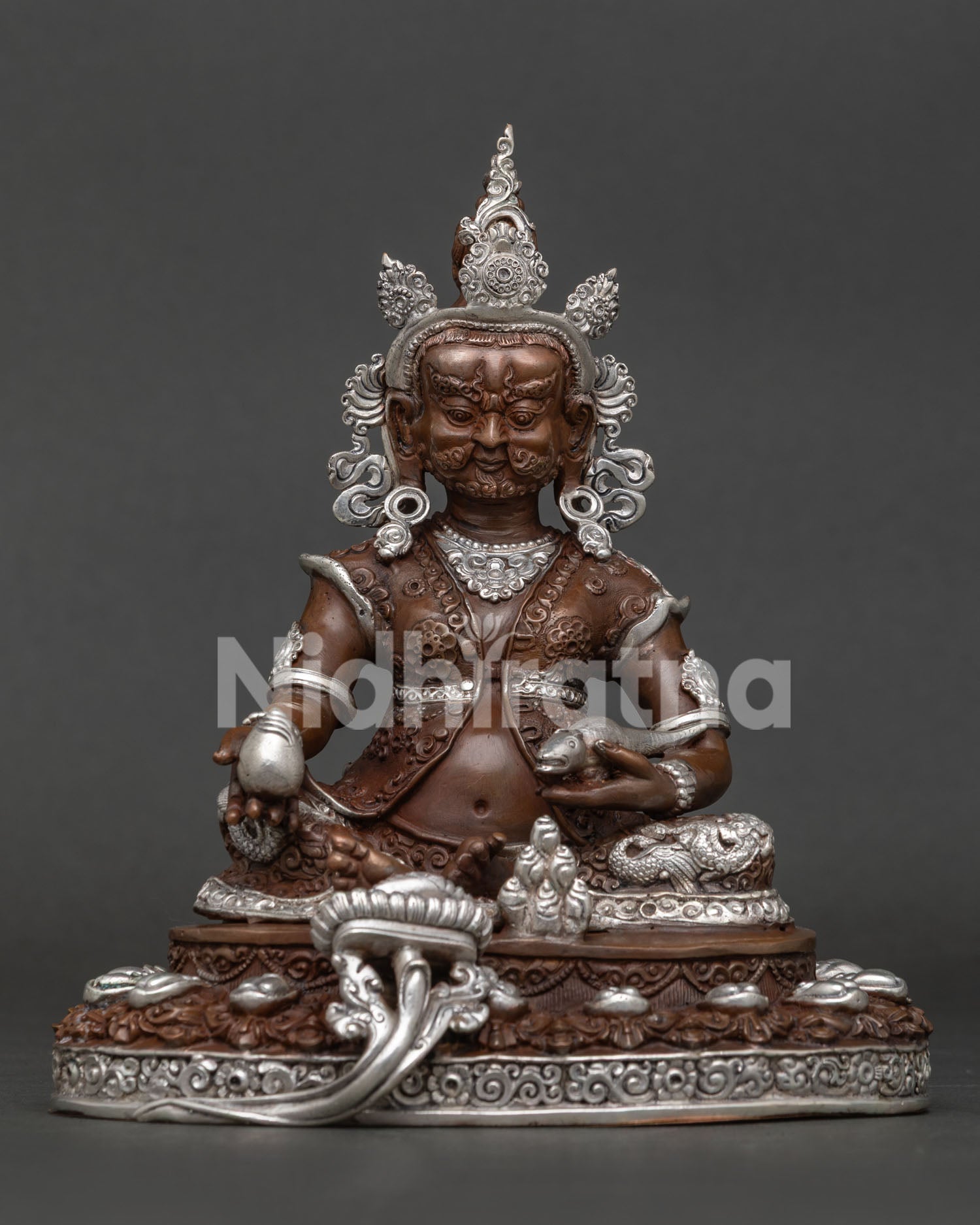 Handcrafted Dzambhala Statue Oxidized Copper Silver Plated Front View.
