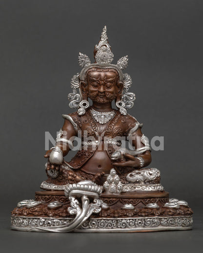 Handcrafted Dzambhala Statue Oxidized Copper Silver Plated Front View.