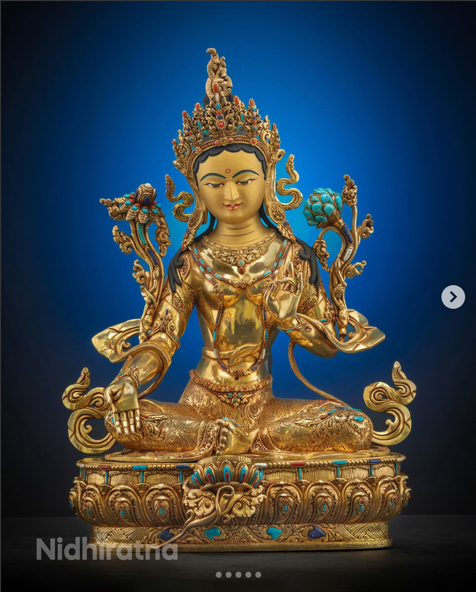 Handcrafted gold-guilted Green Tara statue with turquoise inlay, traditional Nepali Buddhist sculpture by Nidhiratna