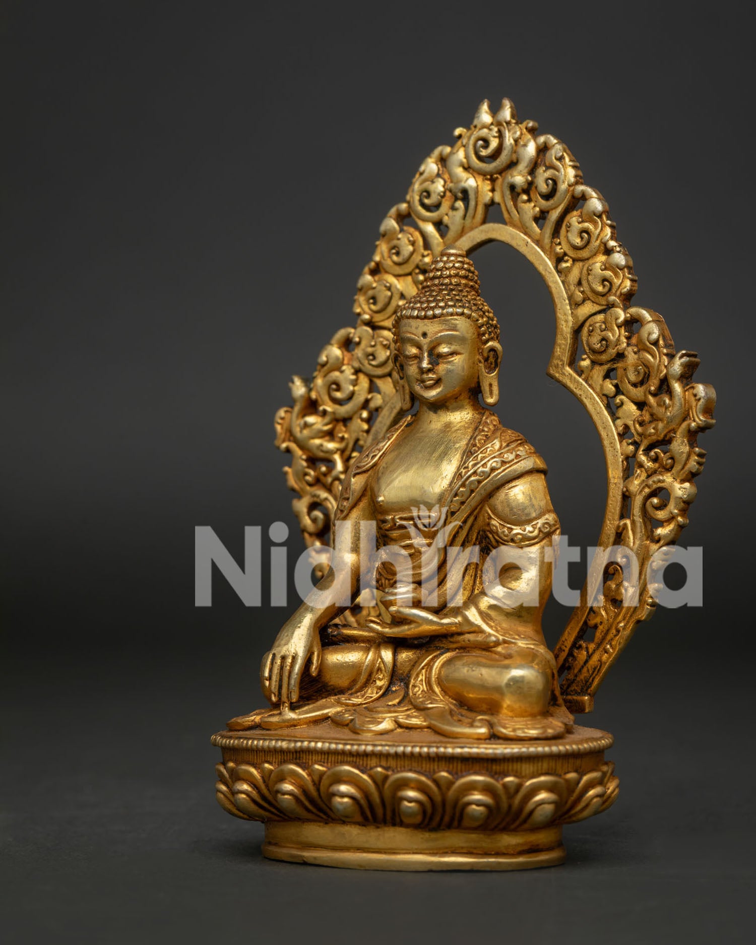 Handcrafted Shakyamuni Buddha Statue Ornate Halo Detailed.