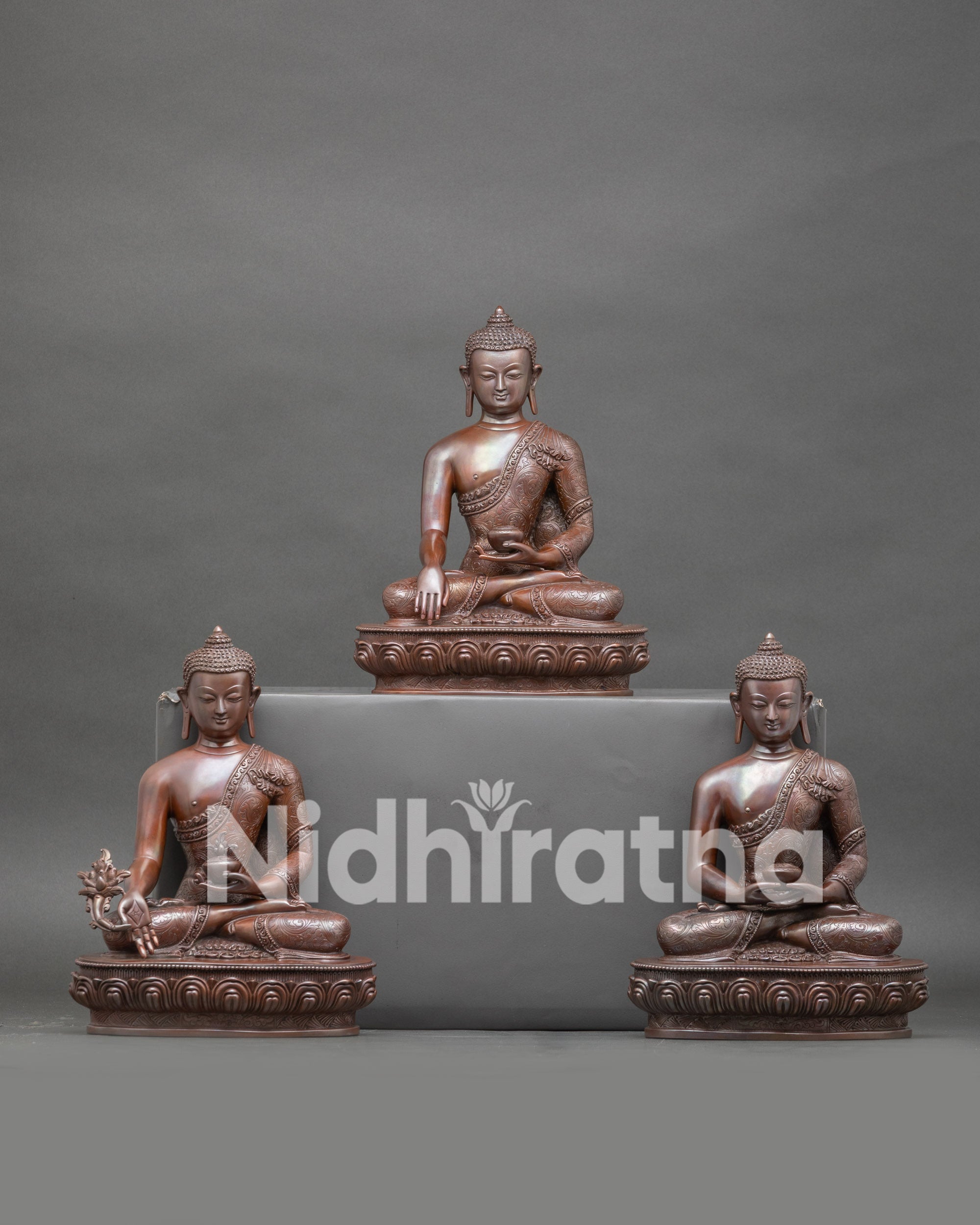 Handcrafted Three Buddha Statue Set for home altar, Amitabha, Medicine Buddha, and Shakyamuni
