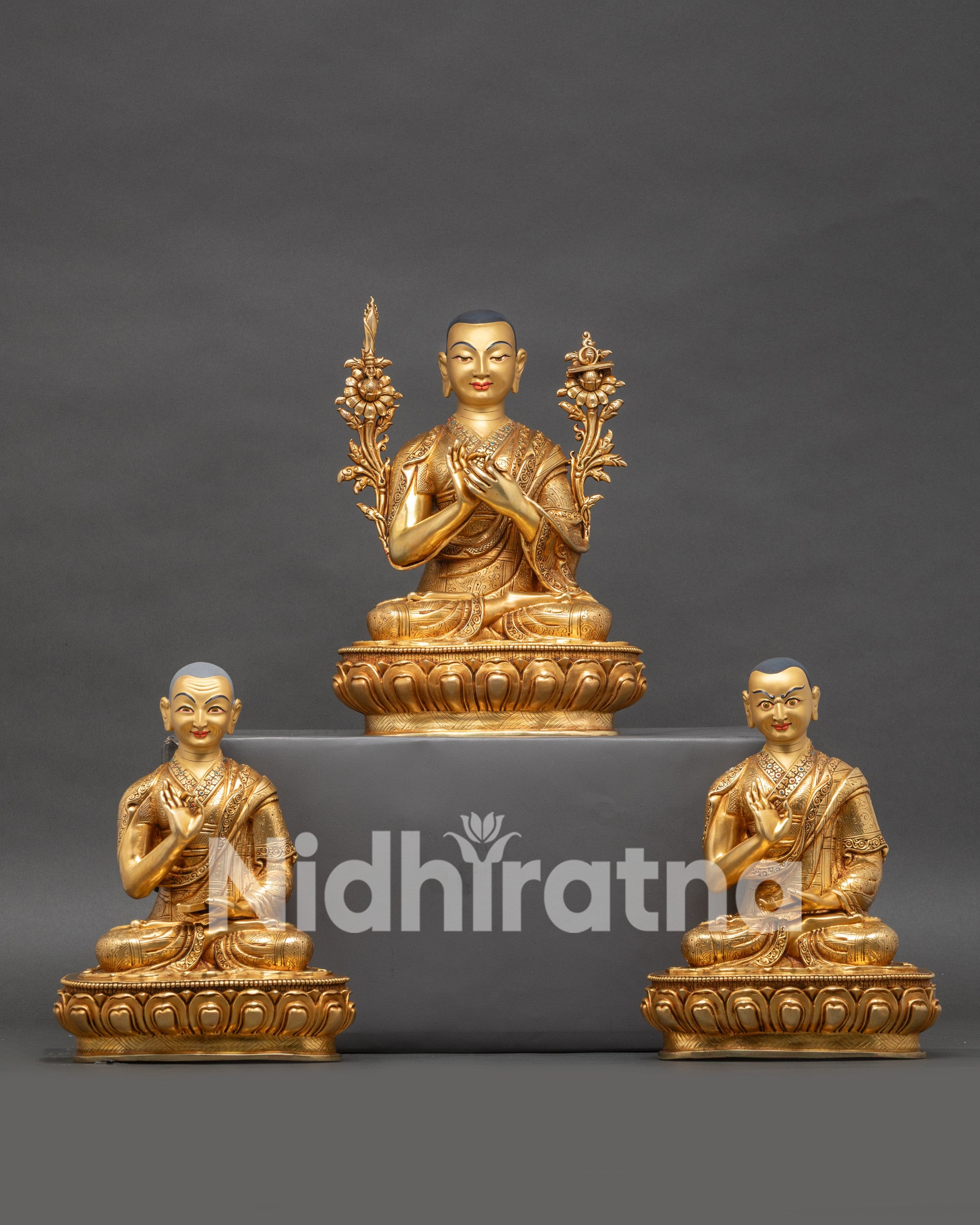 Handcrafted Tsong Khapa Statue Set for Tibetan Buddhist altar, gold gilded with 24K face