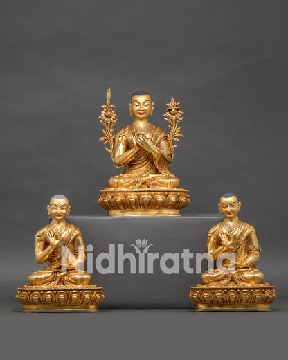 Handcrafted Tsong Khapa Statue Set for Tibetan Buddhist altar, gold gilded with 24K face