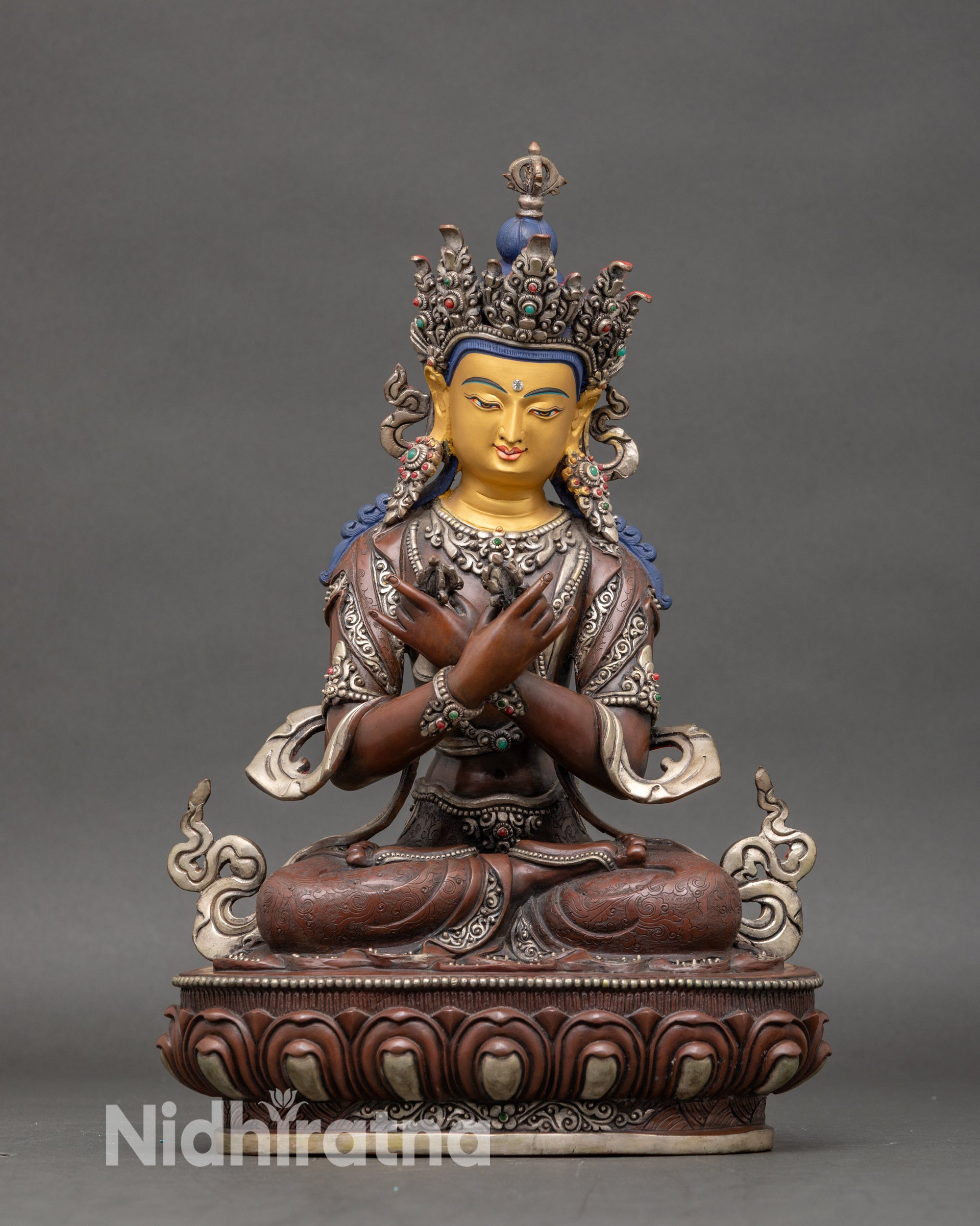 Handcrafted Vajradhara Buddha statue silver-plated with 24K gold face for meditation