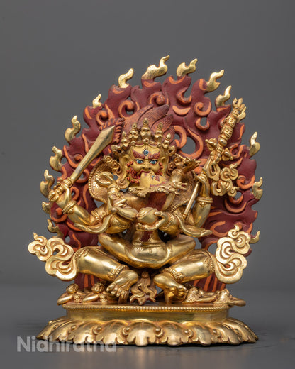 Handcrafted 4 Armed Mahakala Statue in Oxidized Copper with 24k Gold Gilded Face