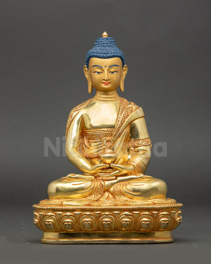Handcrafted Amida Nyorai Buddha statue from Nepal with gold fire-gilded details