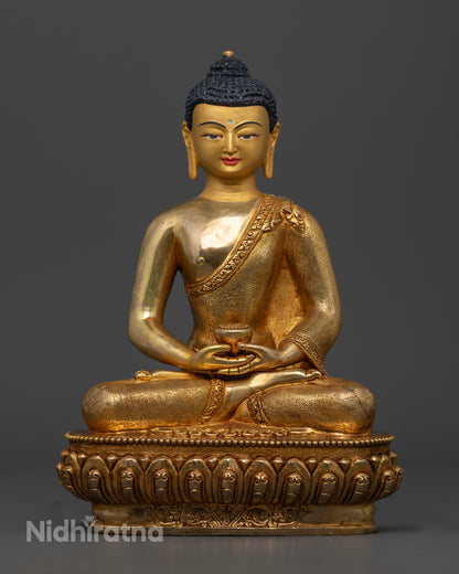 Handcrafted Amitabha Buddha statue from Patan, Nepal, made from high-quality copper with a radiant 24k gold-plated face and detailed with vibrant acrylic colors.