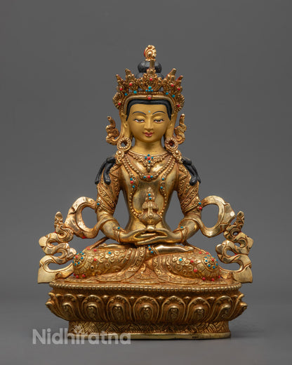 Handcrafted Amitayus Buddha Statue with 24k Gold Fire Gilding and Long-Life Vase