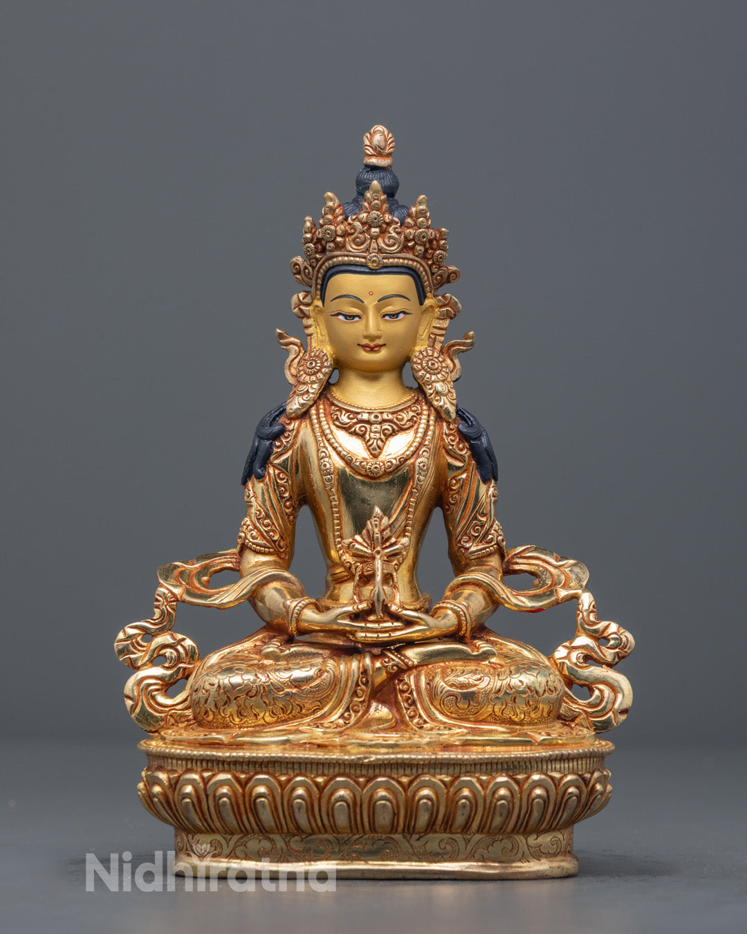 Handcrafted Amitayus Buddha Statue with 24k Gold Gilding and Copper Base – Symbol of Longevity and Enlightenment