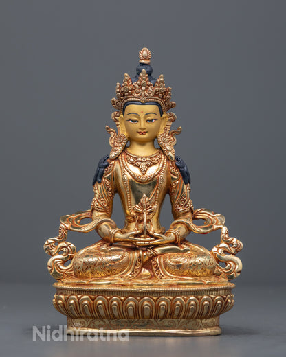 Handcrafted Amitayus Buddha Statue with 24k Gold Gilding and Copper Base – Symbol of Longevity and Enlightenment