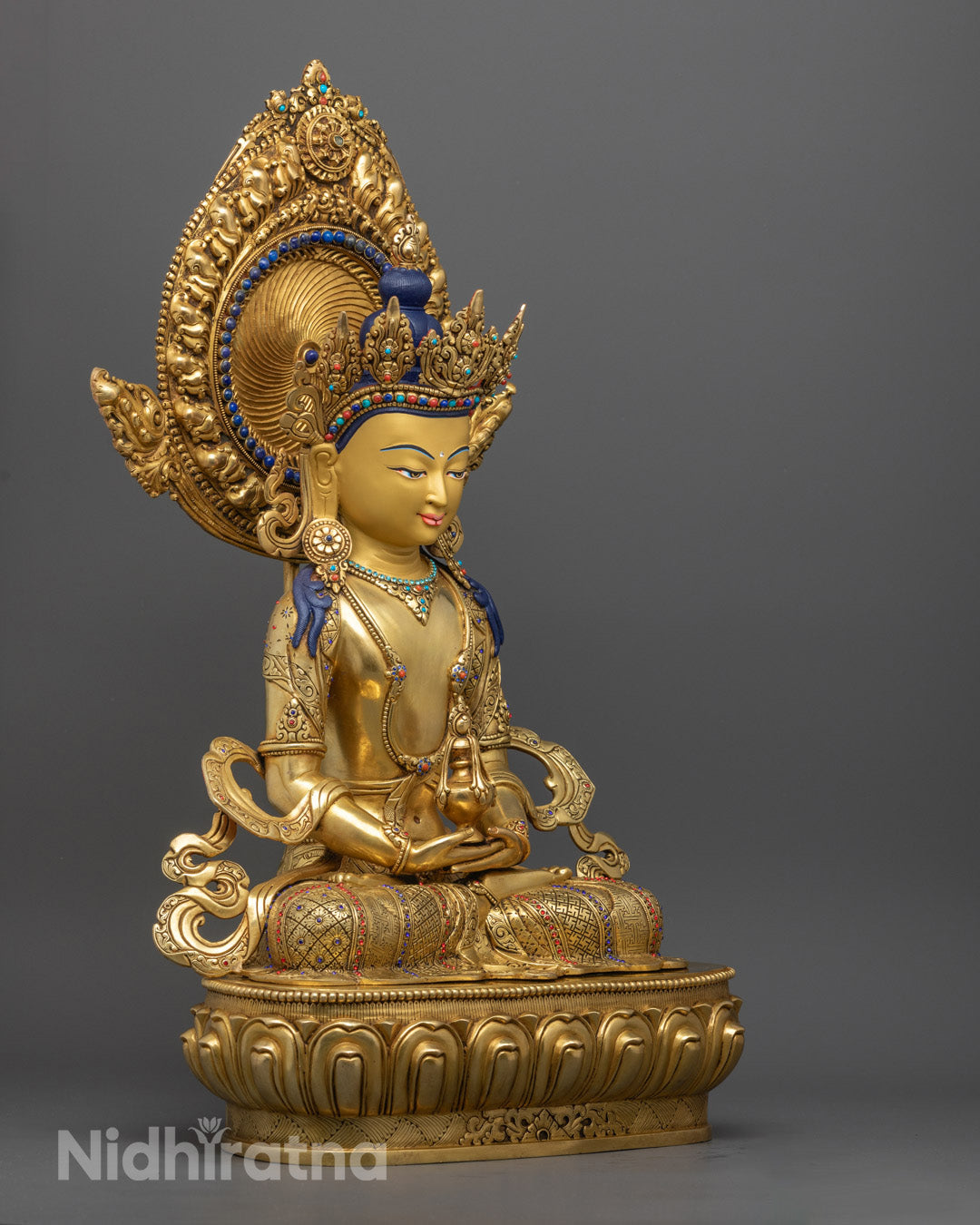Handcrafted Amitayus Statue – Gold Gilded Copper Buddhist Art for Longevity