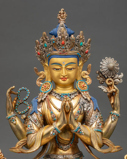 Handcrafted Avalokiteshvara sculpture showing intricate 3D carvings and robe details