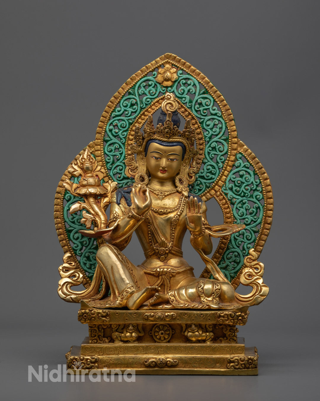 Handcrafted Bodhisattva Kṣitigarbha Sculpture with 24k gold-gilded face and fire-gilded gold body, seated on intricately carved lotus throne