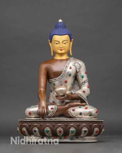 Handcrafted Buddha Altar Statue with 24K gold face and silver-plated finish