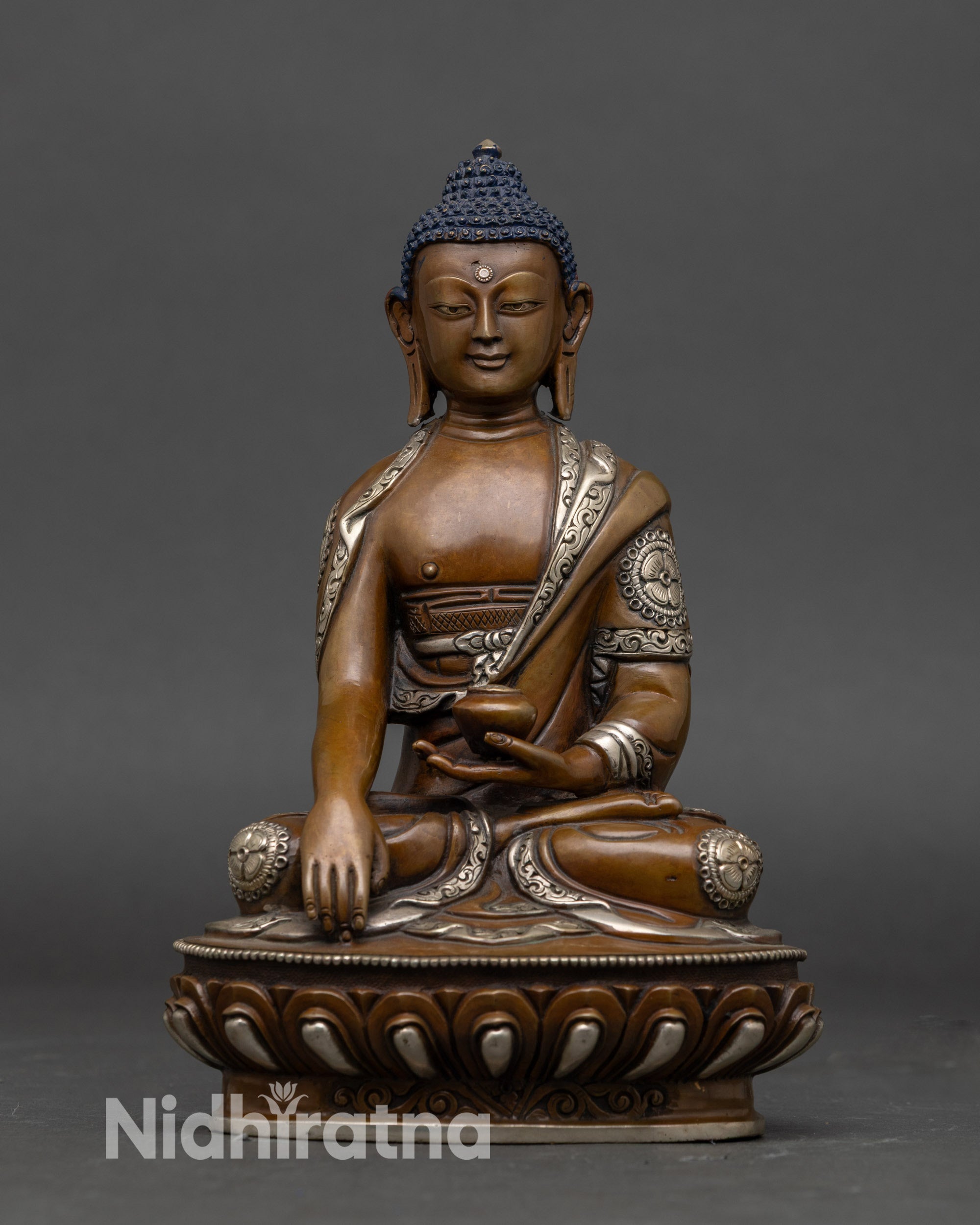 Handcrafted Buddha Shakyamuni statue from Patan Nepal, silver-plated meditation sculpture