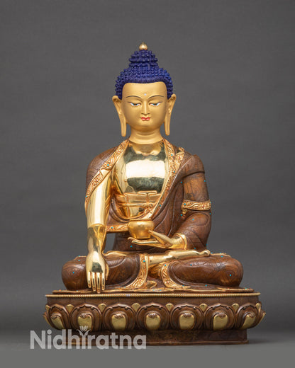 Front view of Handcrafted Buddha Statue, 24K gold fire-gilded Nepalese art