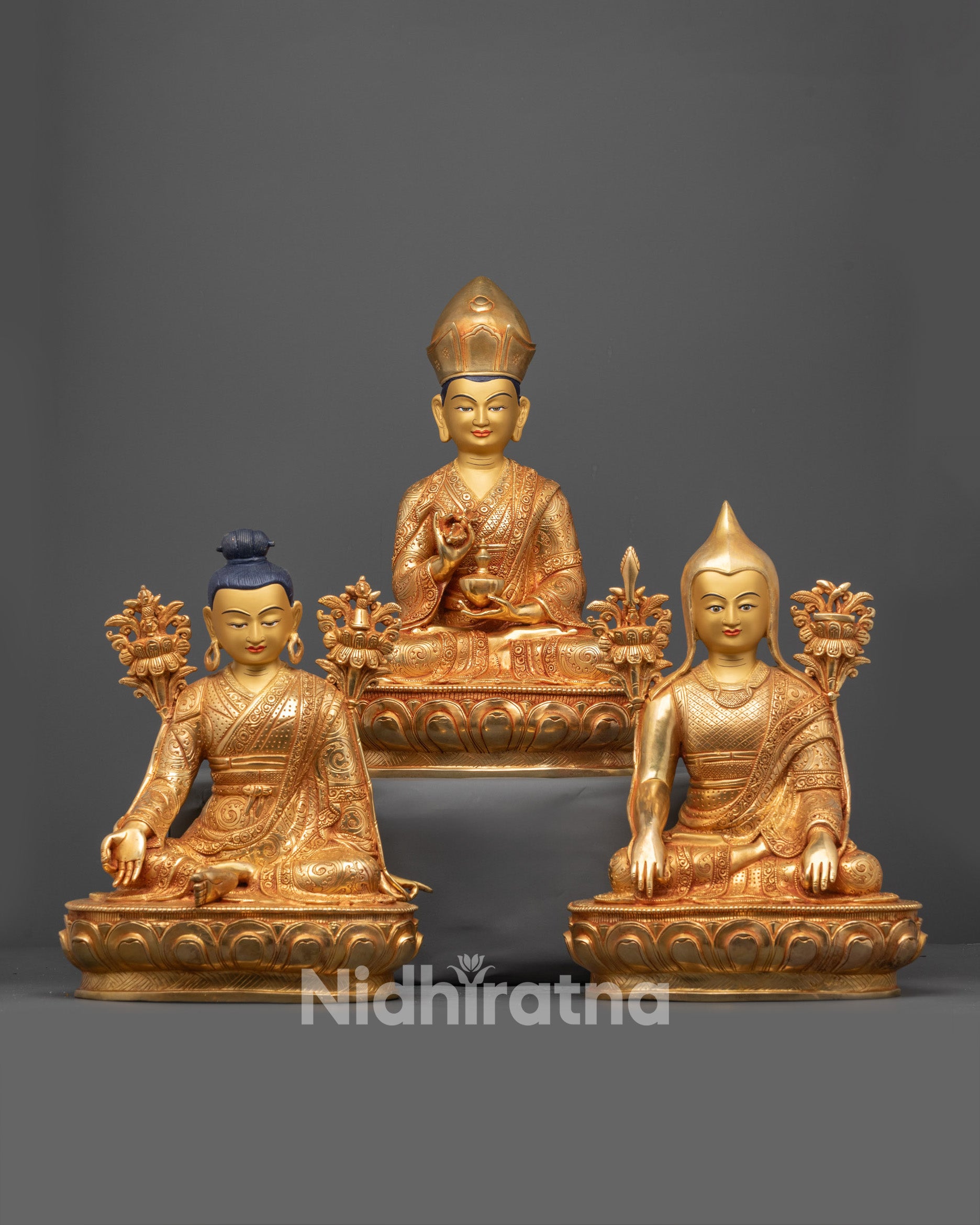 Handcrafted Buddhist Masters Statue Set front view gold gilded copper art
