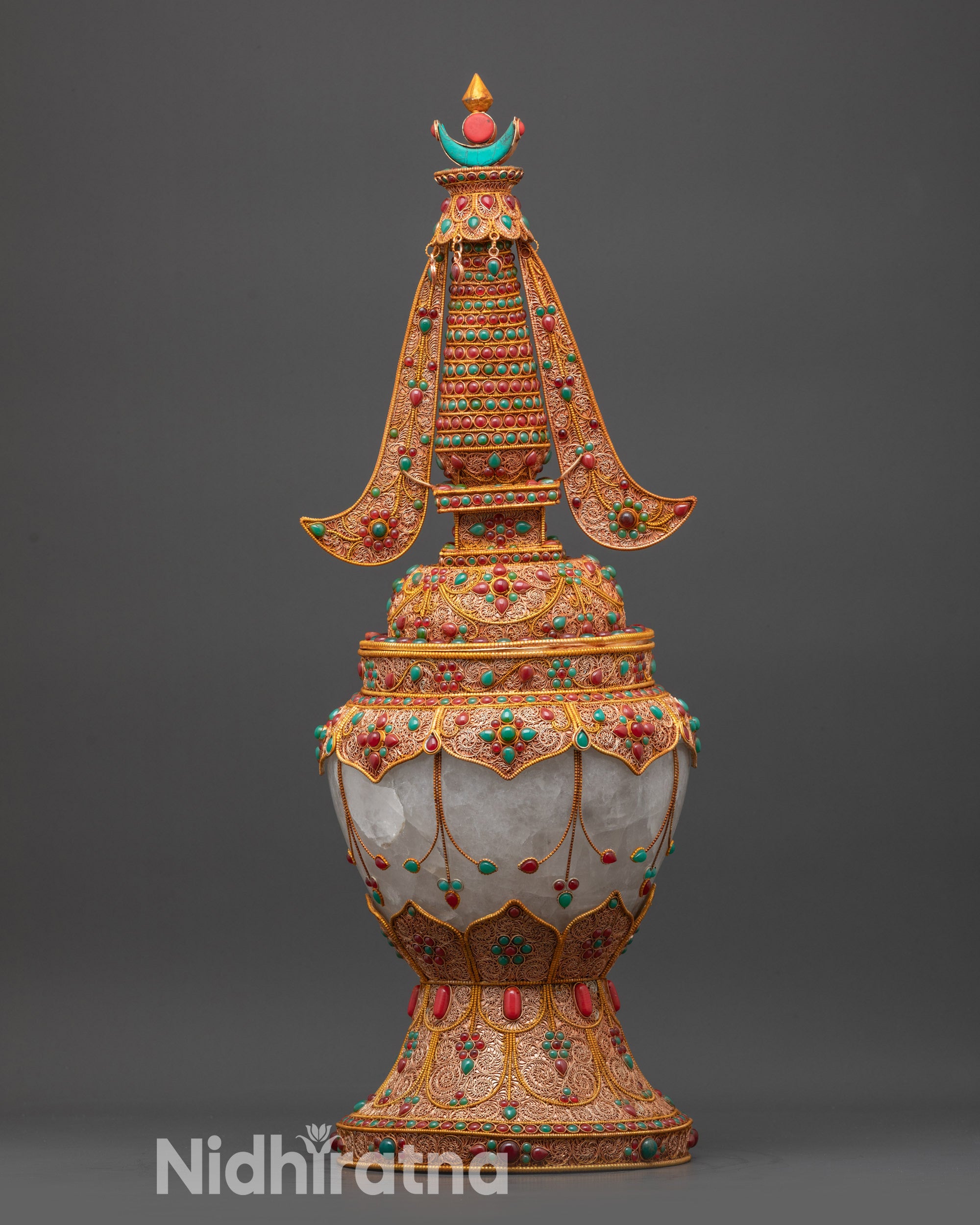 Handcrafted Buddhist Ritual Stupa with Crystal Core and Gold Filigree Nepal