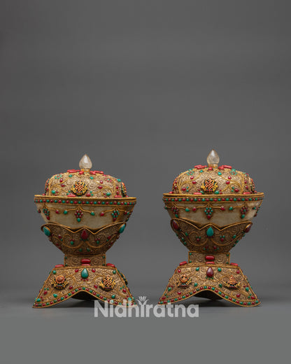 Handcrafted Buddhist Skull Cup Set with Crystal Core and Copper Base from Nepal