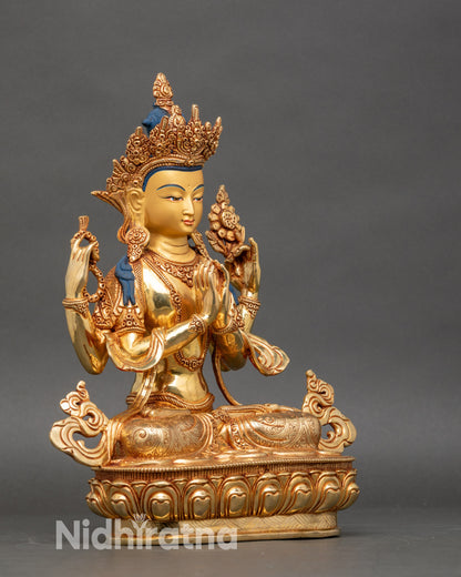 Handcrafted Chenrezig Bodhisattva sculpture seated on lotus throne, Nepalese Himalayan Buddhist art