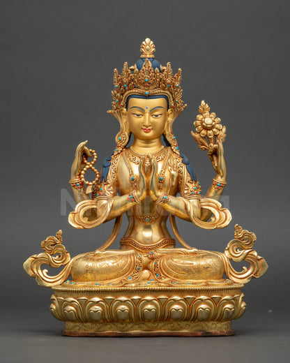 Handcrafted Chenrezig Bodhisattva statue with gold fire-gilding on lotus throne