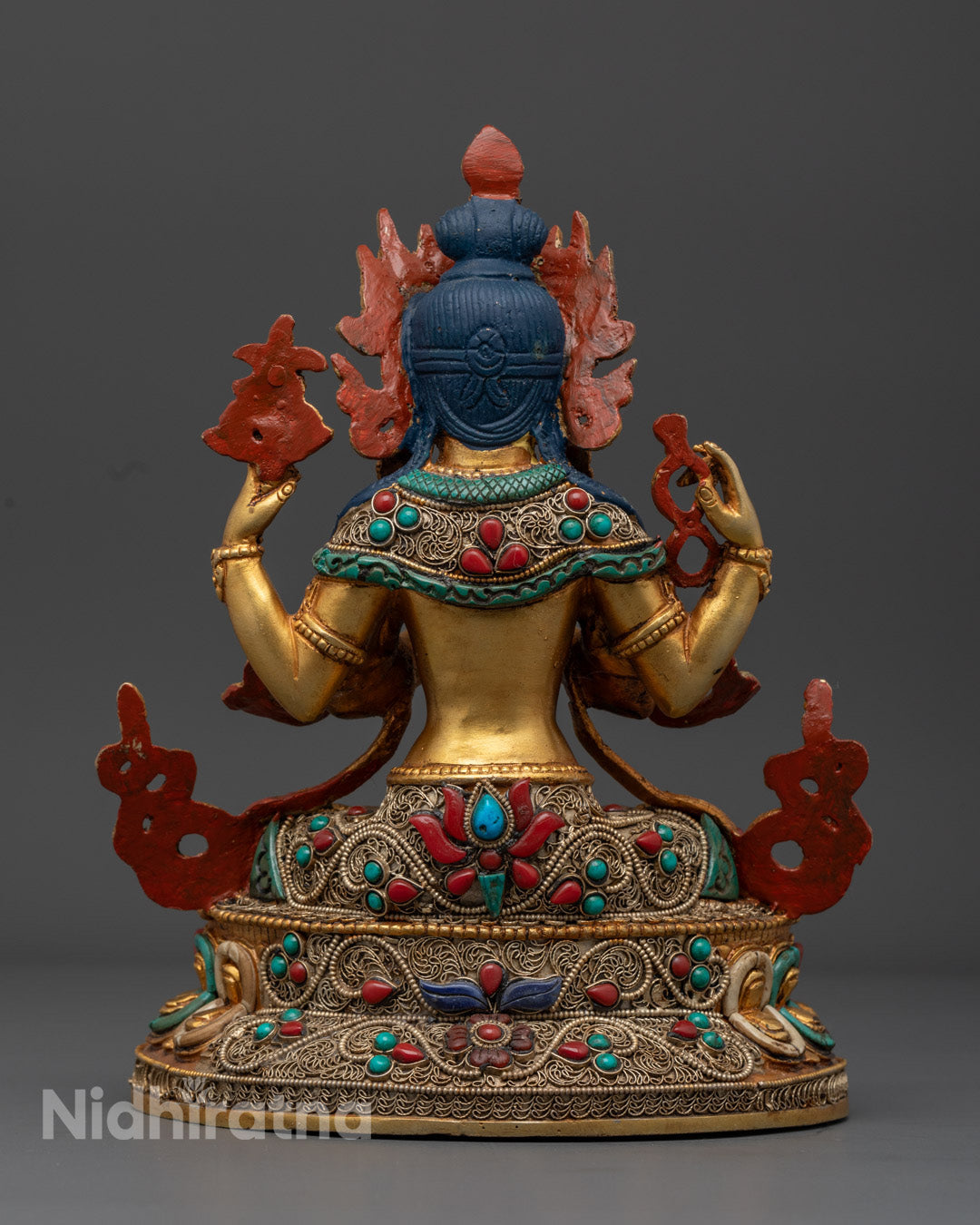 Handcrafted Chenrezig Buddha Statue Featuring Corals, Lapis Lazuli, and Turquoise Semi-Precious Stones for Spiritual Enlightenment.