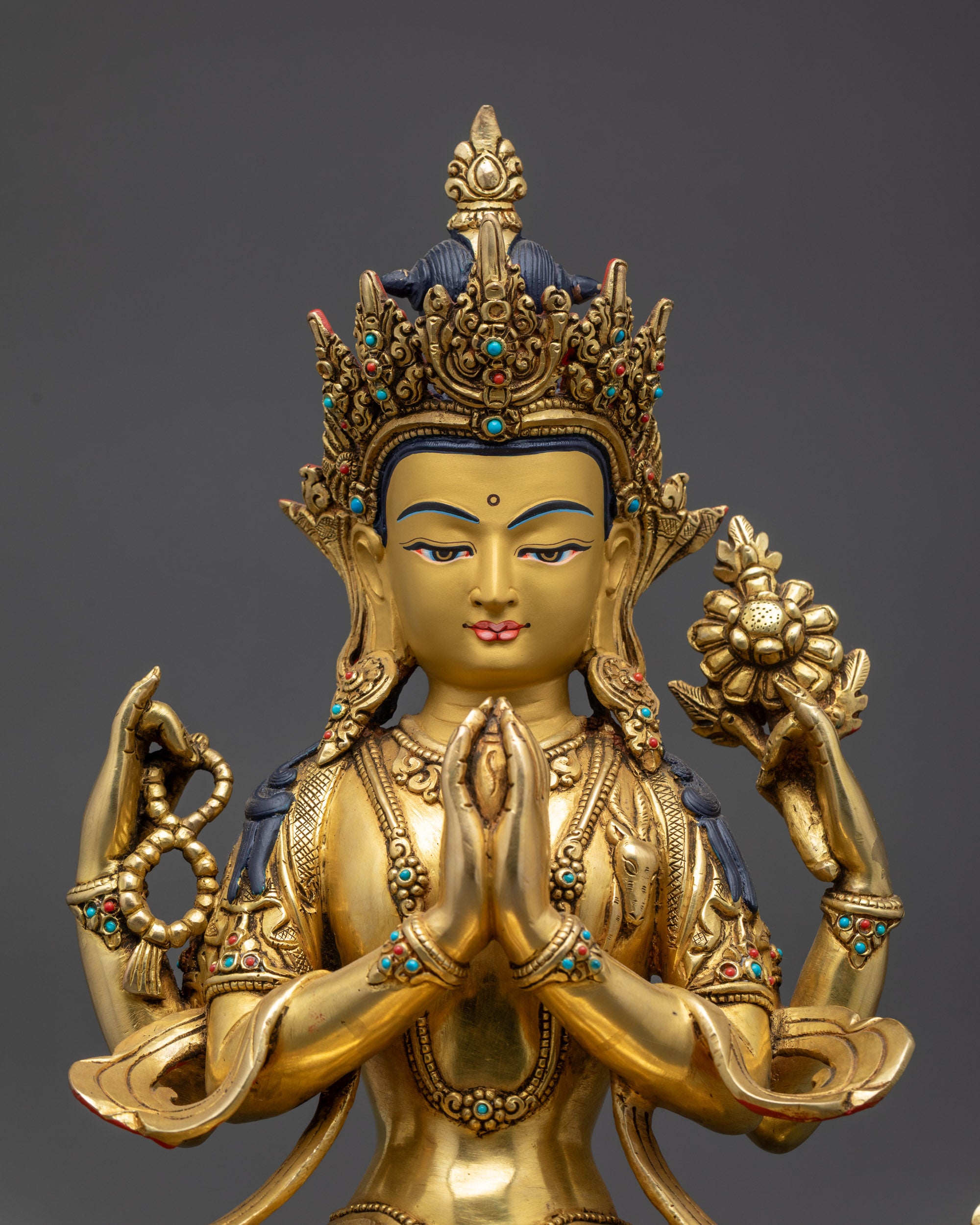 Handcrafted Chenrezig Sculpture with Lotus and Wish-Fulfilling Gem