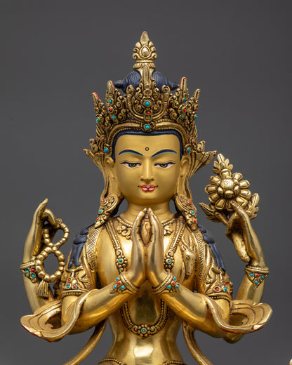 Handcrafted Chenrezig Sculpture with Lotus and Wish-Fulfilling Gem