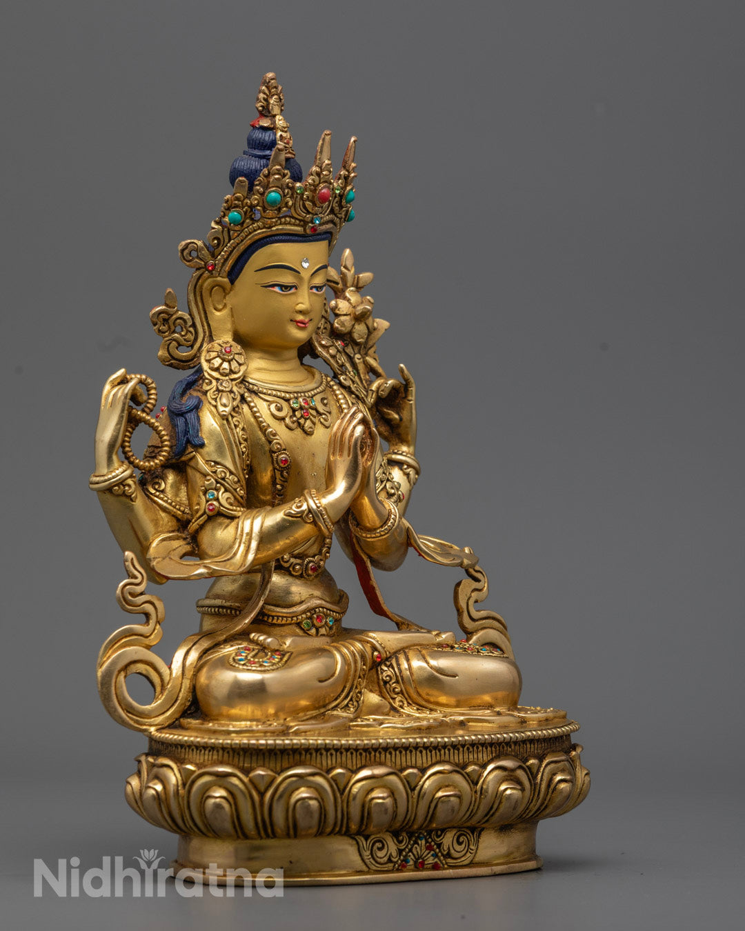 Handcrafted Chenrezig Statue – Tibetan Avalokiteshvara with Semi-Precious Stones
