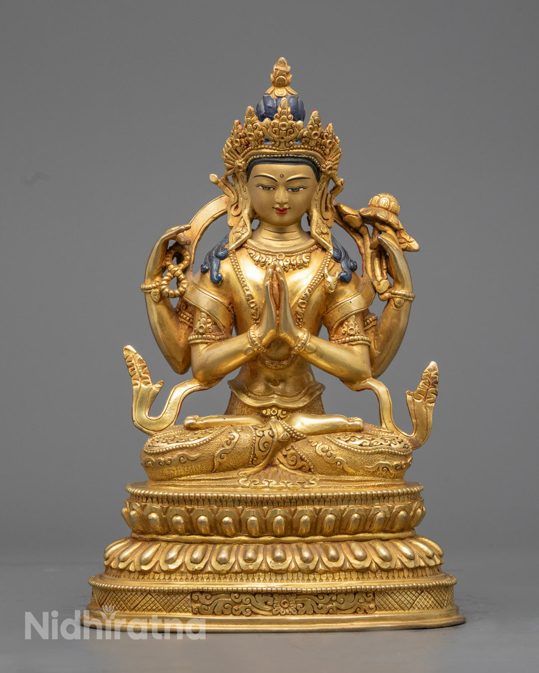 Handcrafted Chenrezig Statue in 24K Gold Fire Gilding on Lotus Throne