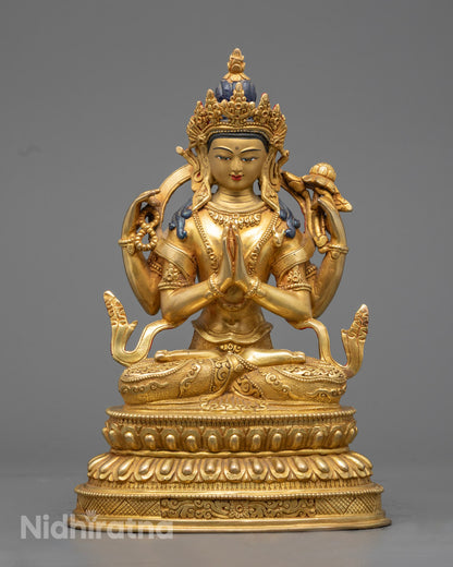 Handcrafted Chenrezig Statue in 24K Gold Fire Gilding on Lotus Throne