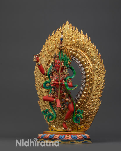 Handcrafted Dorje Phagmo Sculpture depicting the Tantric goddess standing over subdued figure