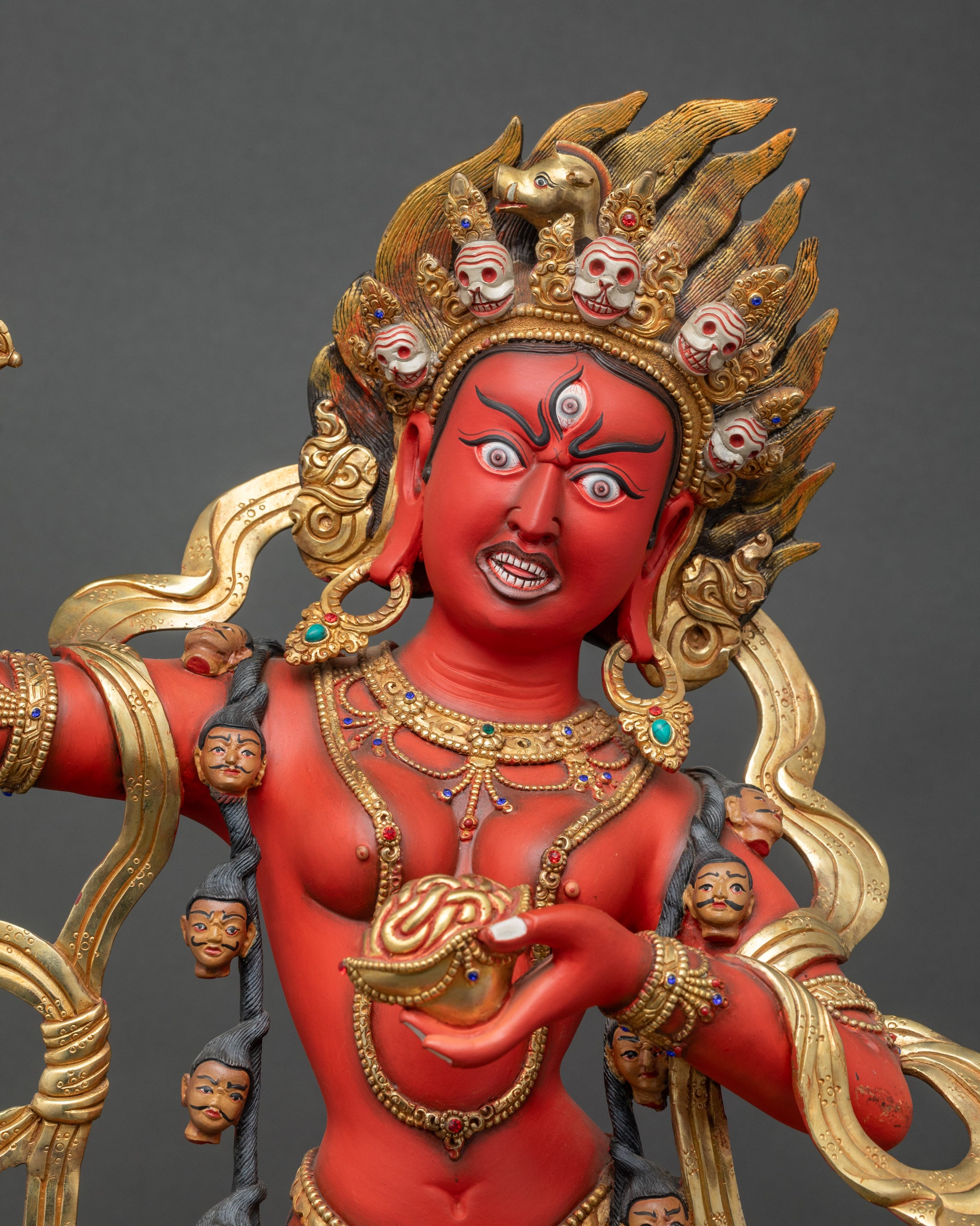 Handcrafted Dorje Phagmo Statue Close Up with Gold-Gilded Copper Details