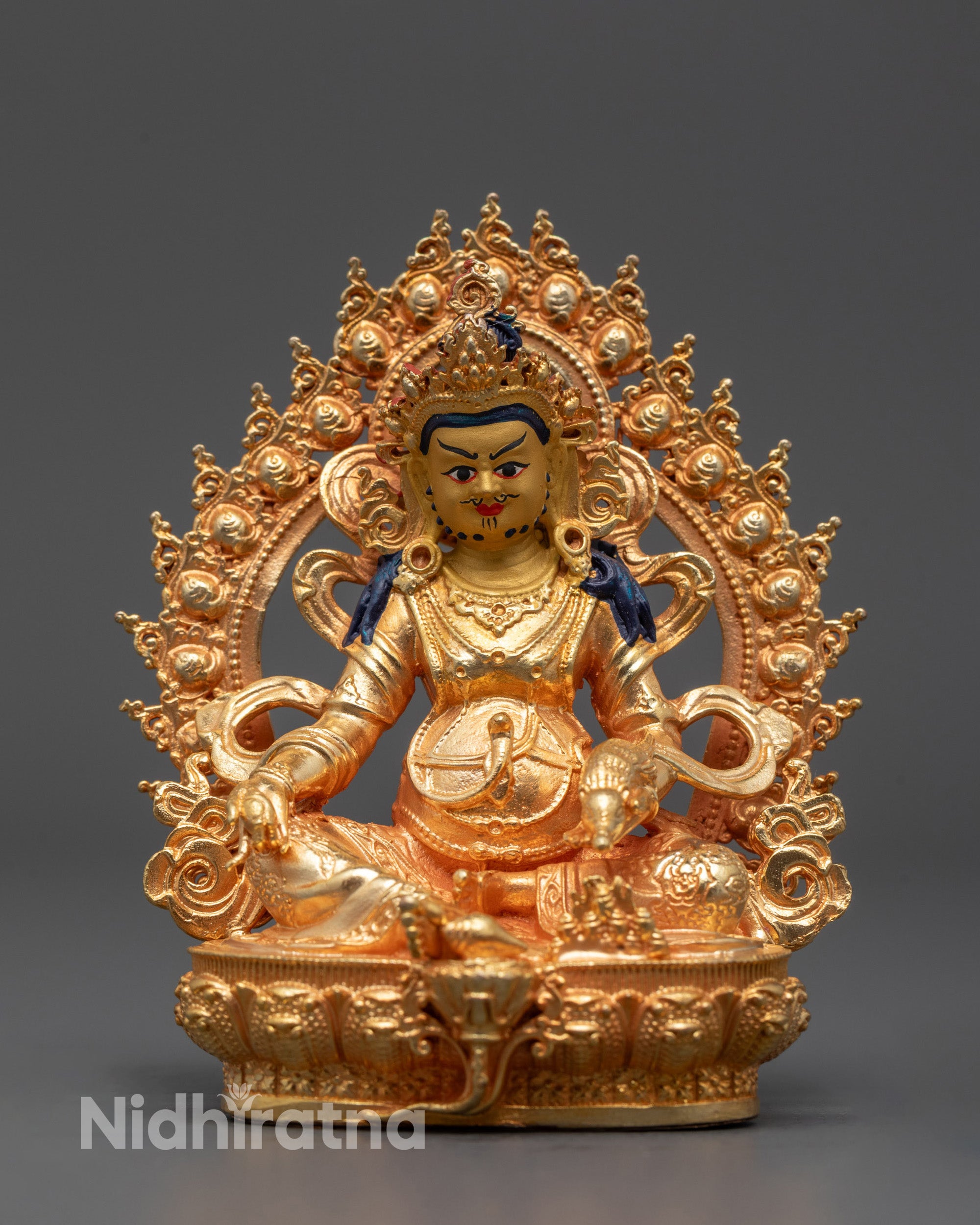Handcrafted Dzambhala Statue with 24k Gold Gilding on Copper Base